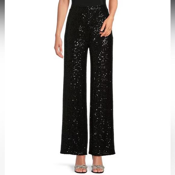 NWT Belle by Badgley Mischka Iris EMERALD GREEN sequin flat front drapey pants - Picture 3 of 14